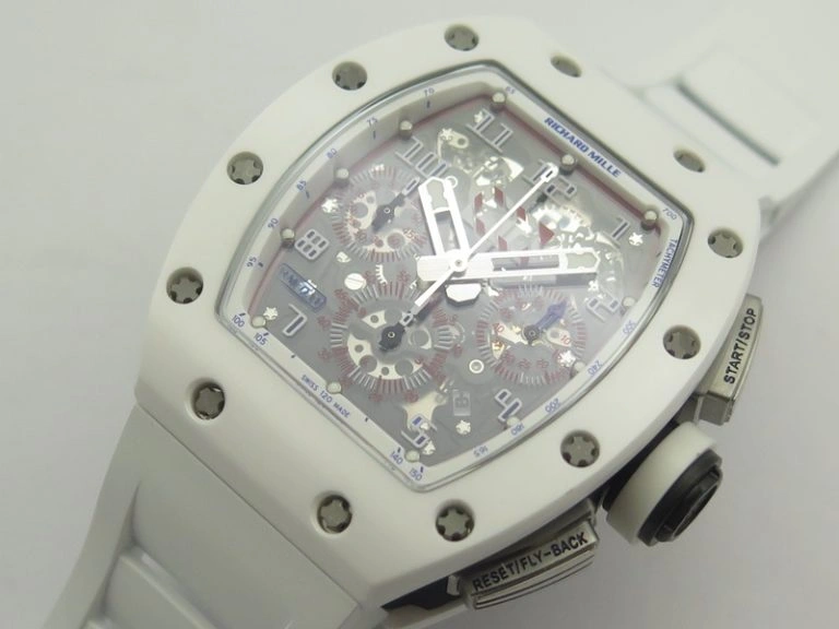 RM011 Real White Ceramic Case Chrono KVF 1:1 Best Edition Crystal Skeleton Dial Blue Markers On Rubber Strap A7750