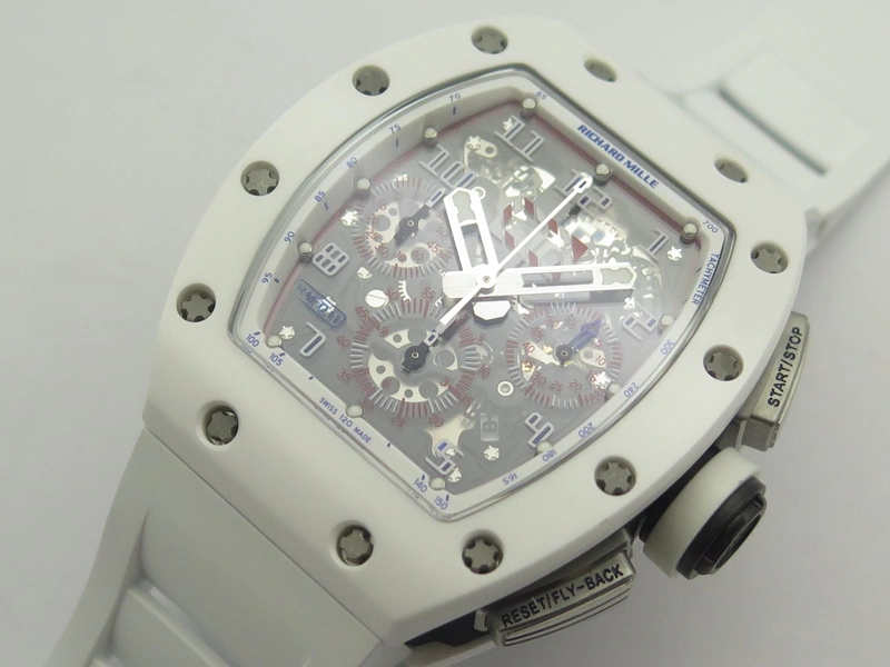 RM011 Real White Ceramic Case Chrono KVF 1:1 Best Edition Crystal Skeleton Dial Blue Markers On Rubber Strap A7750