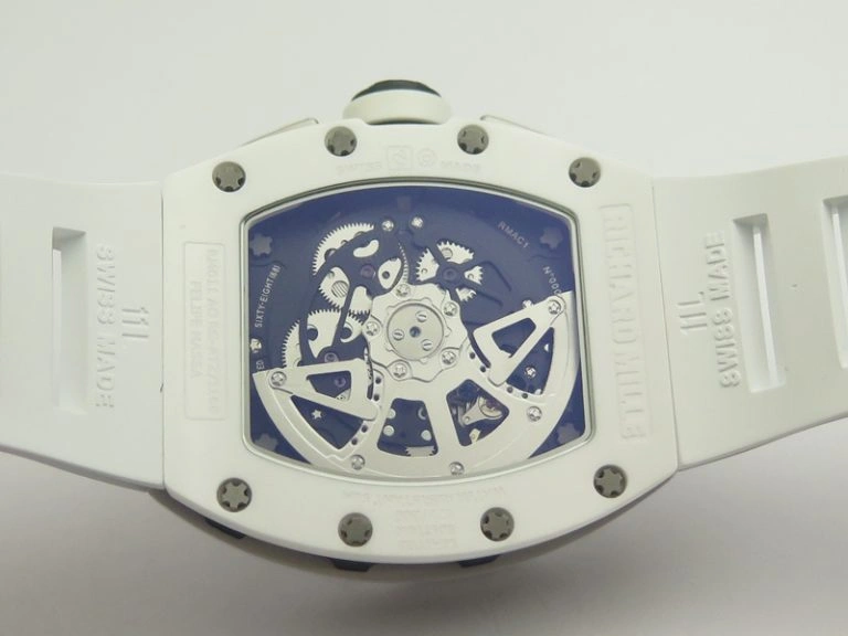 RM011 Real White Ceramic Case Chrono KVF 1:1 Best Edition Crystal Skeleton Dial Blue Markers On Rubber Strap A7750