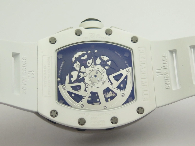 RM011 Real White Ceramic Case Chrono KVF 1:1 Best Edition Crystal Skeleton Dial Blue Markers On Rubber Strap A7750