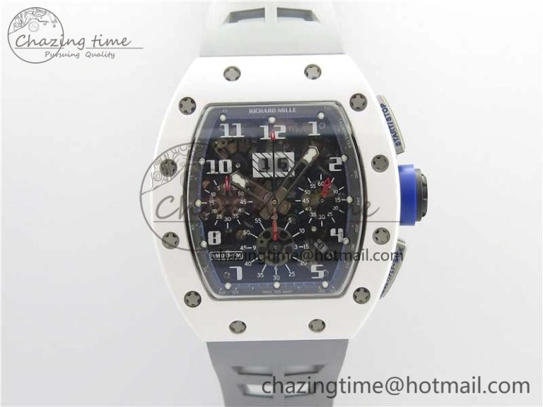 RM011 Real White Ceramic Chronograph KVF 1:1 Best Edition Crystal Skeleton Dial Blue on Gray Rubber Strap A7750