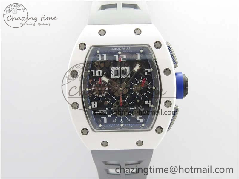 RM011 Real White Ceramic Chronograph KVF 1:1 Best Edition Crystal Skeleton Dial Blue on Gray Rubber Strap A7750