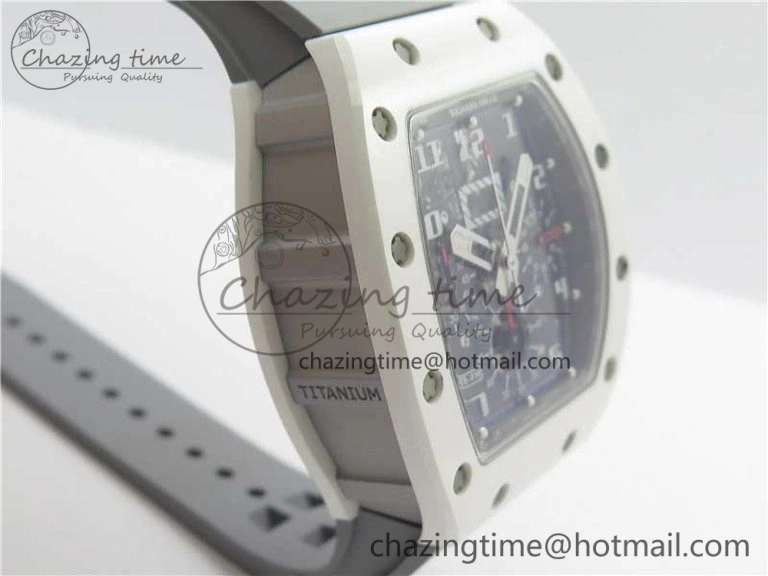 RM011 Real White Ceramic Chronograph KVF 1:1 Best Edition Crystal Skeleton Dial Blue on Gray Rubber Strap A7750