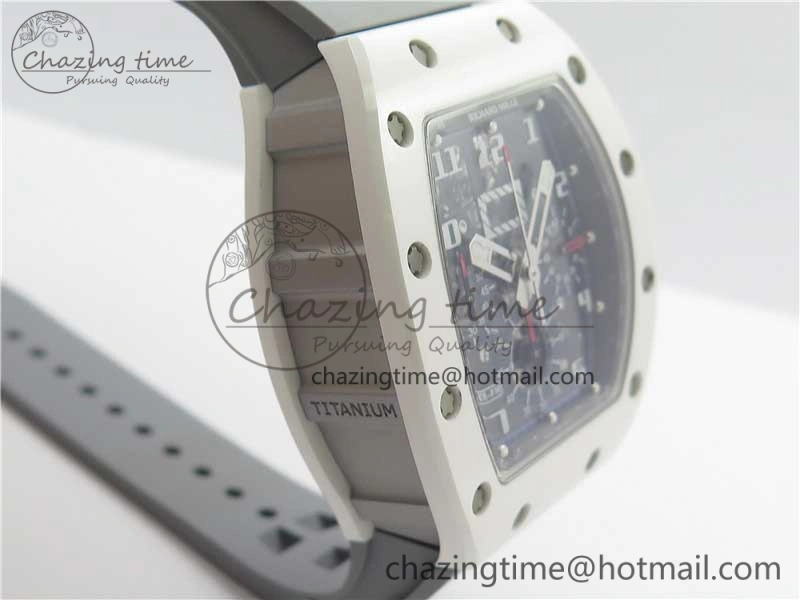RM011 Real White Ceramic Chronograph KVF 1:1 Best Edition Crystal Skeleton Dial Blue on Gray Rubber Strap A7750