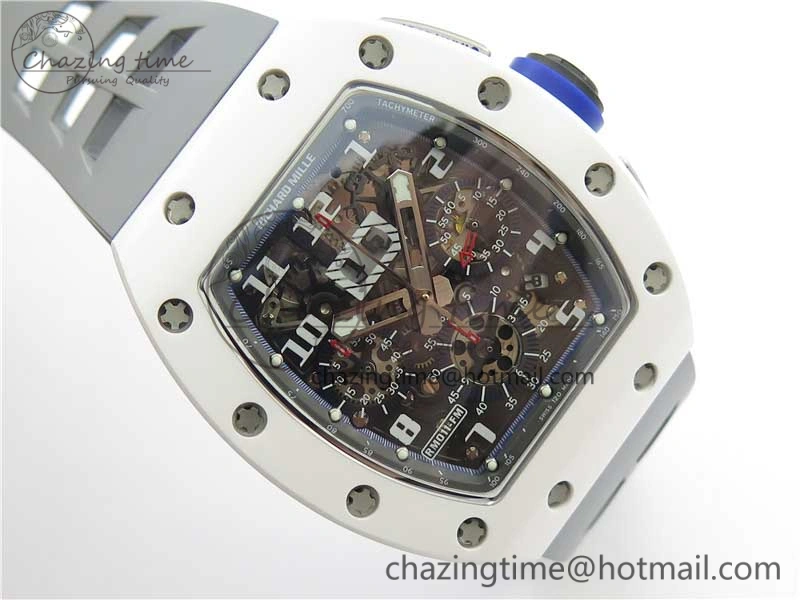 RM011 Real White Ceramic Chronograph KVF 1:1 Best Edition Crystal Skeleton Dial Blue on Gray Rubber Strap A7750