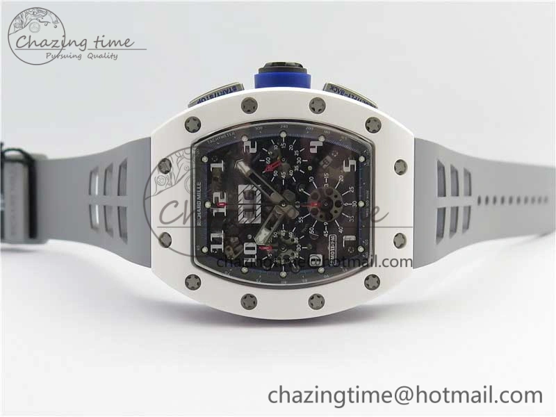 RM011 Real White Ceramic Chronograph KVF 1:1 Best Edition Crystal Skeleton Dial Blue on Gray Rubber Strap A7750