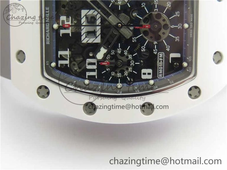 RM011 Real White Ceramic Chronograph KVF 1:1 Best Edition Crystal Skeleton Dial Blue on Gray Rubber Strap A7750