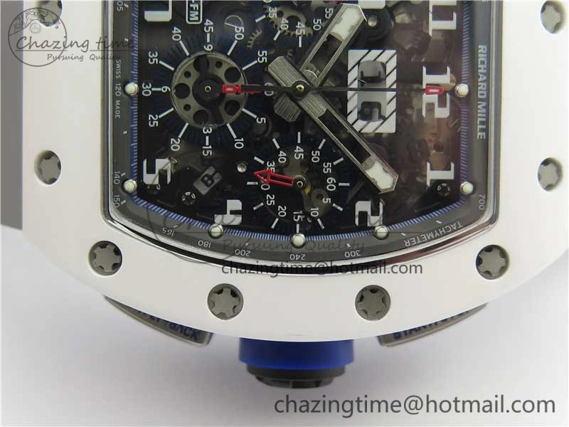 RM011 Real White Ceramic Chronograph KVF 1:1 Best Edition Crystal Skeleton Dial Blue on Gray Rubber Strap A7750