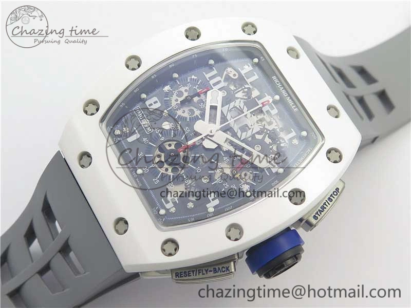 RM011 Real White Ceramic Chronograph KVF 1:1 Best Edition Crystal Skeleton Dial Blue on Gray Rubber Strap A7750