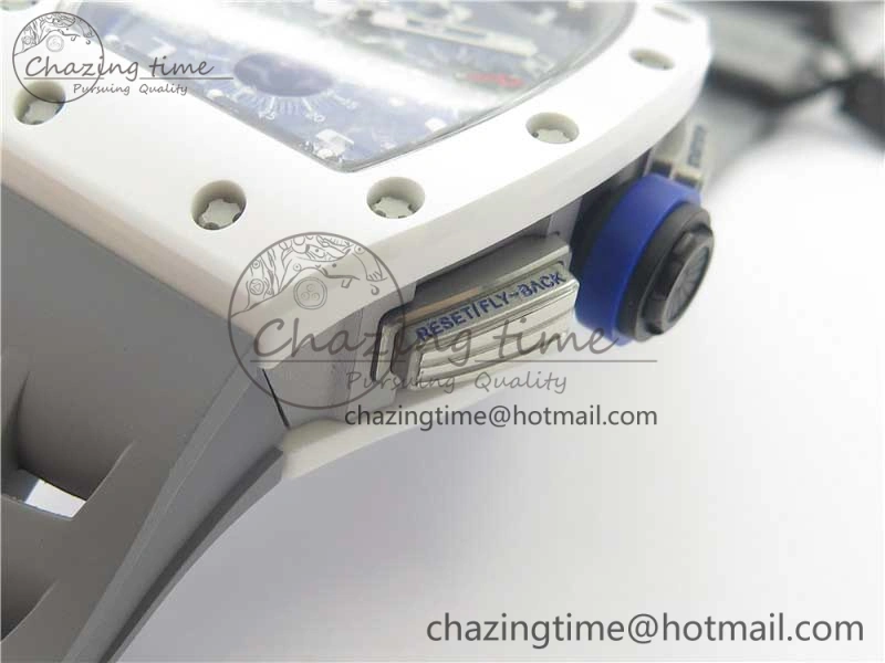 RM011 Real White Ceramic Chronograph KVF 1:1 Best Edition Crystal Skeleton Dial Blue on Gray Rubber Strap A7750