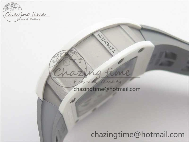 RM011 Real White Ceramic Chronograph KVF 1:1 Best Edition Crystal Skeleton Dial Blue on Gray Rubber Strap A7750