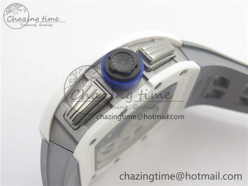 RM011 Real White Ceramic Chronograph KVF 1:1 Best Edition Crystal Skeleton Dial Blue on Gray Rubber Strap A7750