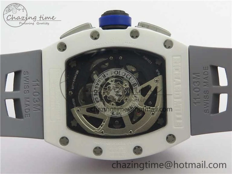 RM011 Real White Ceramic Chronograph KVF 1:1 Best Edition Crystal Skeleton Dial Blue on Gray Rubber Strap A7750