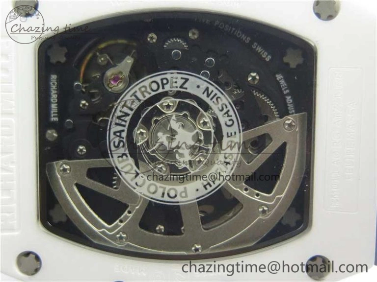 RM011 Real White Ceramic Chronograph KVF 1:1 Best Edition Crystal Skeleton Dial Blue on Gray Rubber Strap A7750