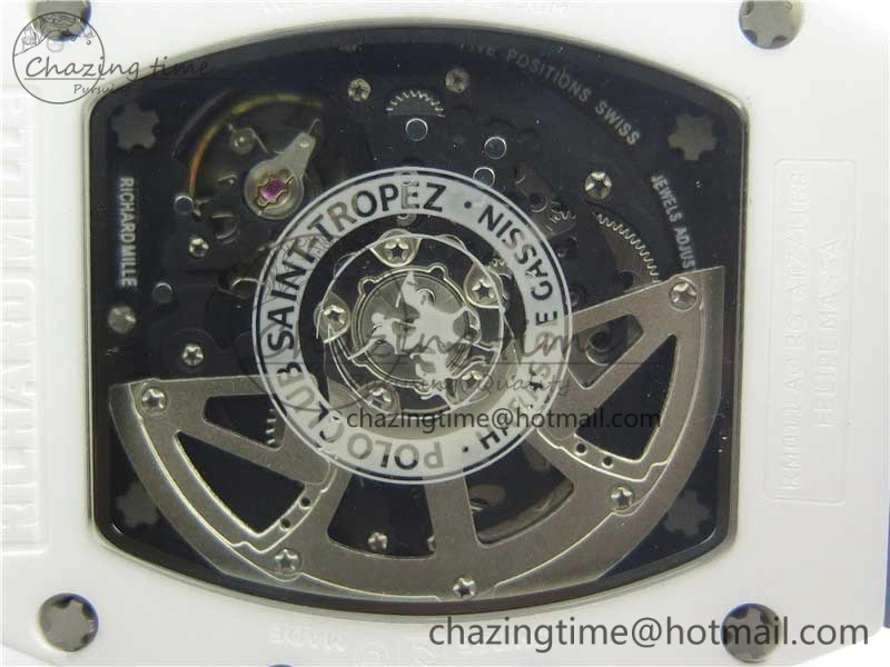 RM011 Real White Ceramic Chronograph KVF 1:1 Best Edition Crystal Skeleton Dial Blue on Gray Rubber Strap A7750