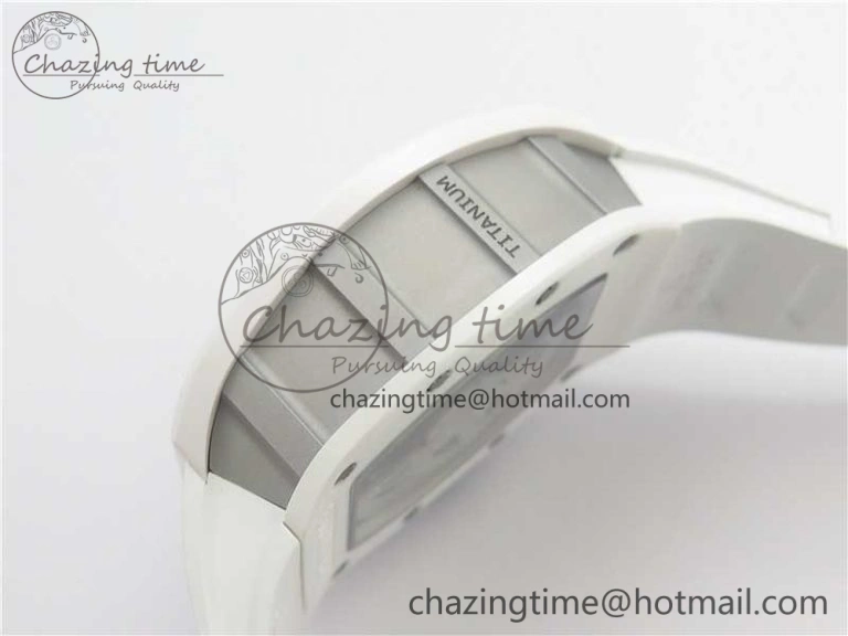 RM011 Real White Ceramic Chronograph KVF 1:1 Best Edition Crystal Skeleton Dial Blue on White Rubber Strap A7750
