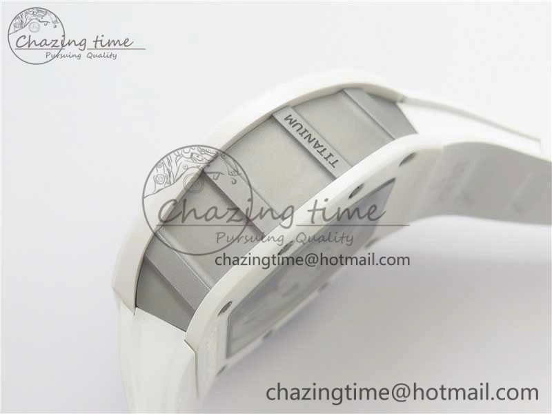 RM011 Real White Ceramic Chronograph KVF 1:1 Best Edition Crystal Skeleton Dial Blue on White Rubber Strap A7750