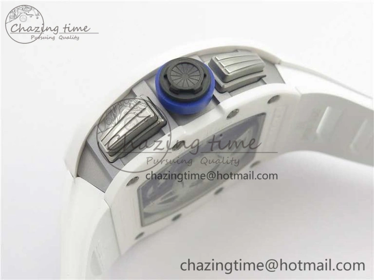RM011 Real White Ceramic Chronograph KVF 1:1 Best Edition Crystal Skeleton Dial Blue on White Rubber Strap A7750