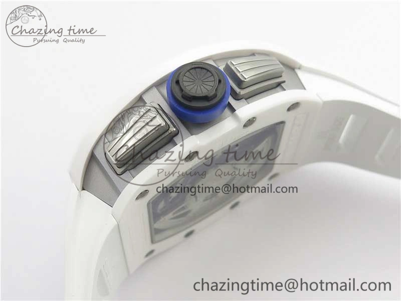 RM011 Real White Ceramic Chronograph KVF 1:1 Best Edition Crystal Skeleton Dial Blue on White Rubber Strap A7750