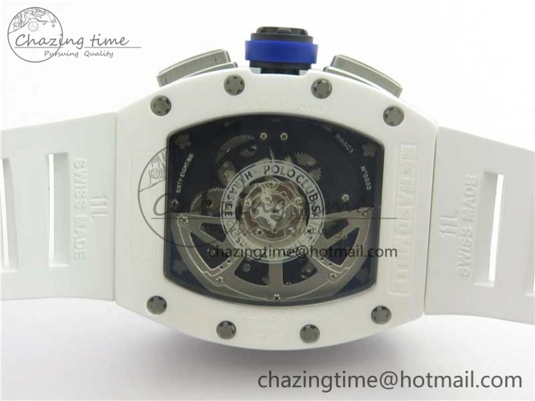 RM011 Real White Ceramic Chronograph KVF 1:1 Best Edition Crystal Skeleton Dial Blue on White Rubber Strap A7750