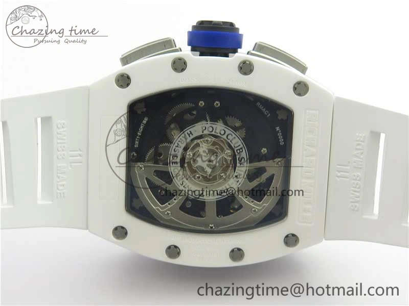 RM011 Real White Ceramic Chronograph KVF 1:1 Best Edition Crystal Skeleton Dial Blue on White Rubber Strap A7750