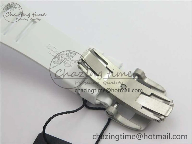 RM011 Real White Ceramic Chronograph KVF 1:1 Best Edition Crystal Skeleton Dial Blue on White Rubber Strap A7750