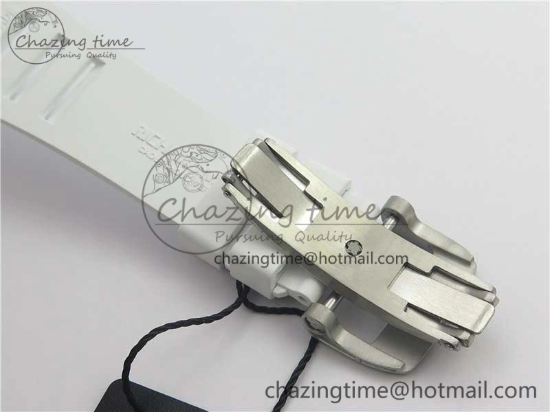 RM011 Real White Ceramic Chronograph KVF 1:1 Best Edition Crystal Skeleton Dial Blue on White Rubber Strap A7750