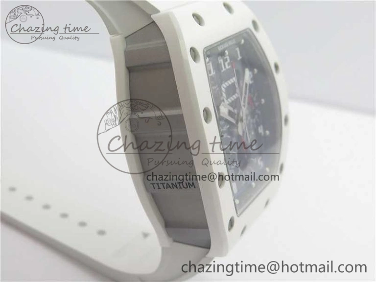 RM011 Real White Ceramic Chronograph KVF 1:1 Best Edition Crystal Skeleton Dial Blue on White Rubber Strap A7750