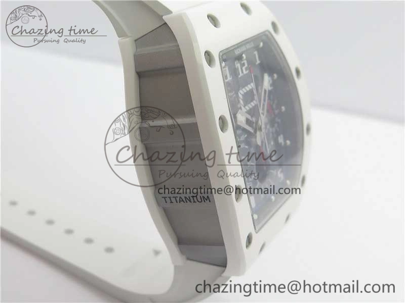 RM011 Real White Ceramic Chronograph KVF 1:1 Best Edition Crystal Skeleton Dial Blue on White Rubber Strap A7750