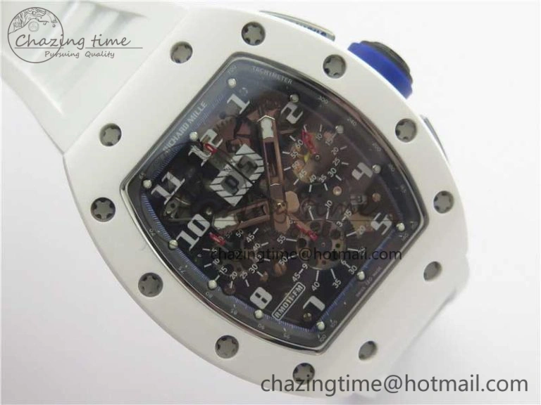 RM011 Real White Ceramic Chronograph KVF 1:1 Best Edition Crystal Skeleton Dial Blue on White Rubber Strap A7750