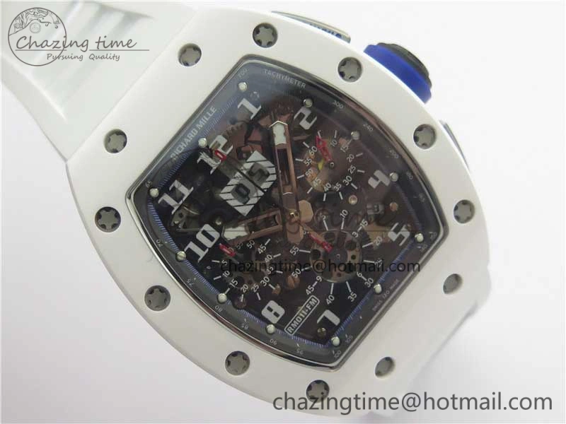 RM011 Real White Ceramic Chronograph KVF 1:1 Best Edition Crystal Skeleton Dial Blue on White Rubber Strap A7750