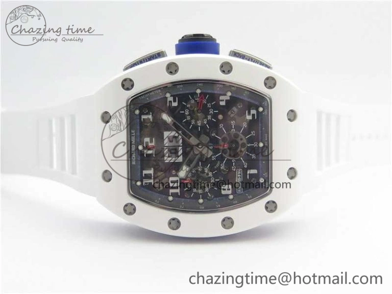 RM011 Real White Ceramic Chronograph KVF 1:1 Best Edition Crystal Skeleton Dial Blue on White Rubber Strap A7750