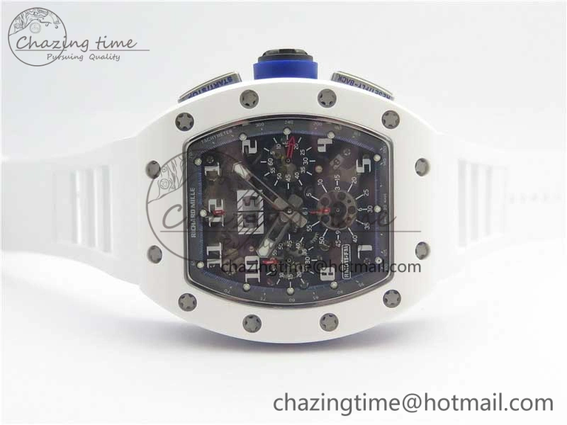 RM011 Real White Ceramic Chronograph KVF 1:1 Best Edition Crystal Skeleton Dial Blue on White Rubber Strap A7750
