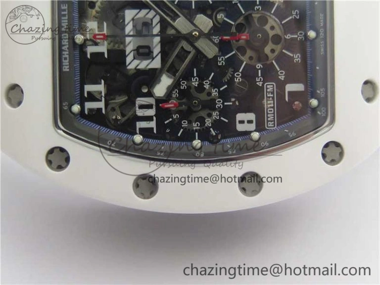 RM011 Real White Ceramic Chronograph KVF 1:1 Best Edition Crystal Skeleton Dial Blue on White Rubber Strap A7750