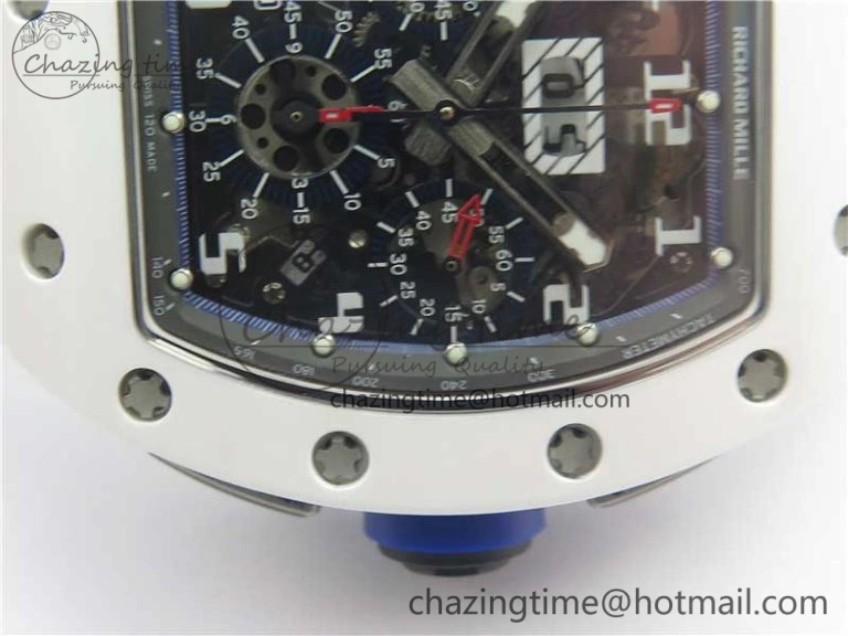 RM011 Real White Ceramic Chronograph KVF 1:1 Best Edition Crystal Skeleton Dial Blue on White Rubber Strap A7750