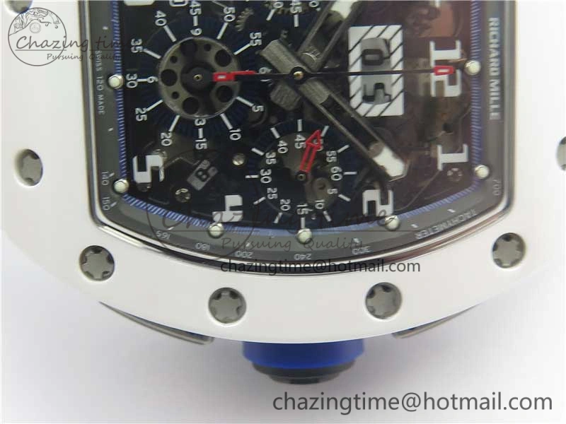 RM011 Real White Ceramic Chronograph KVF 1:1 Best Edition Crystal Skeleton Dial Blue on White Rubber Strap A7750