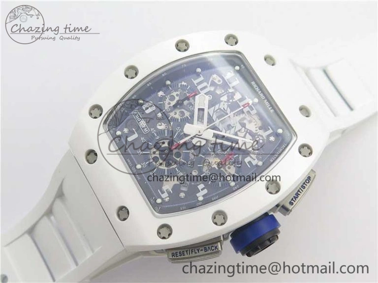 RM011 Real White Ceramic Chronograph KVF 1:1 Best Edition Crystal Skeleton Dial Blue on White Rubber Strap A7750