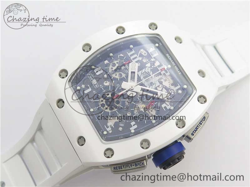 RM011 Real White Ceramic Chronograph KVF 1:1 Best Edition Crystal Skeleton Dial Blue on White Rubber Strap A7750
