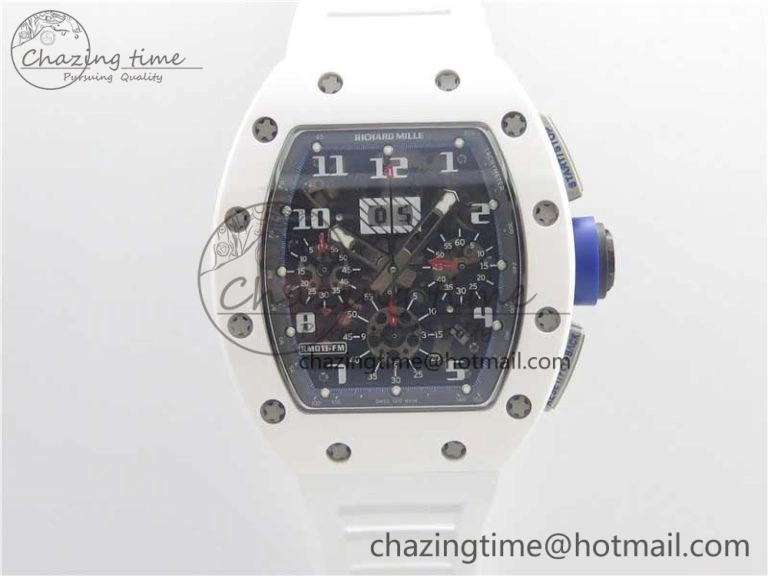 RM011 Real White Ceramic Chronograph KVF 1:1 Best Edition Crystal Skeleton Dial Blue on White Rubber Strap A7750