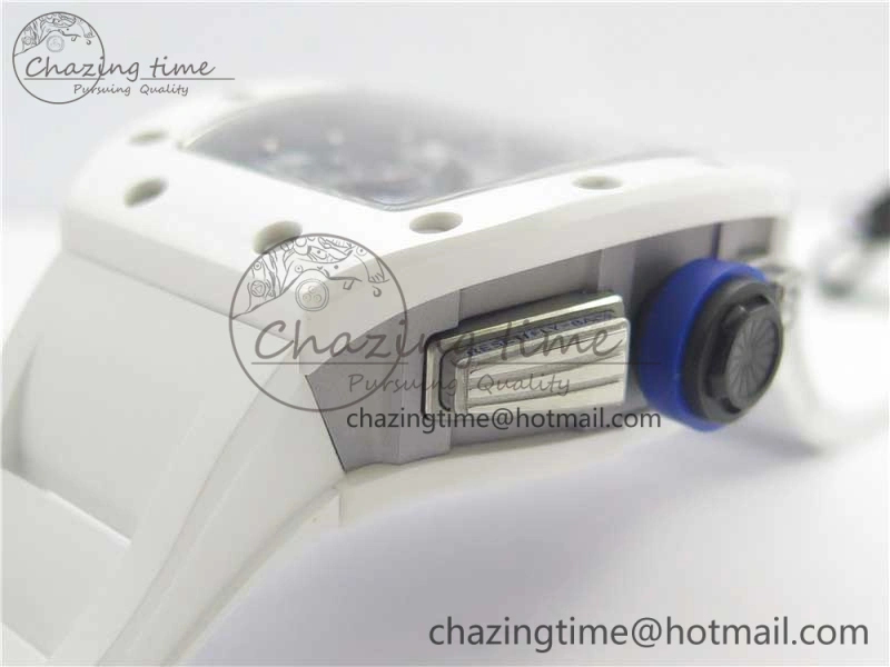 RM011 Real White Ceramic Chronograph KVF 1:1 Best Edition Crystal Skeleton Dial Blue on White Rubber Strap A7750