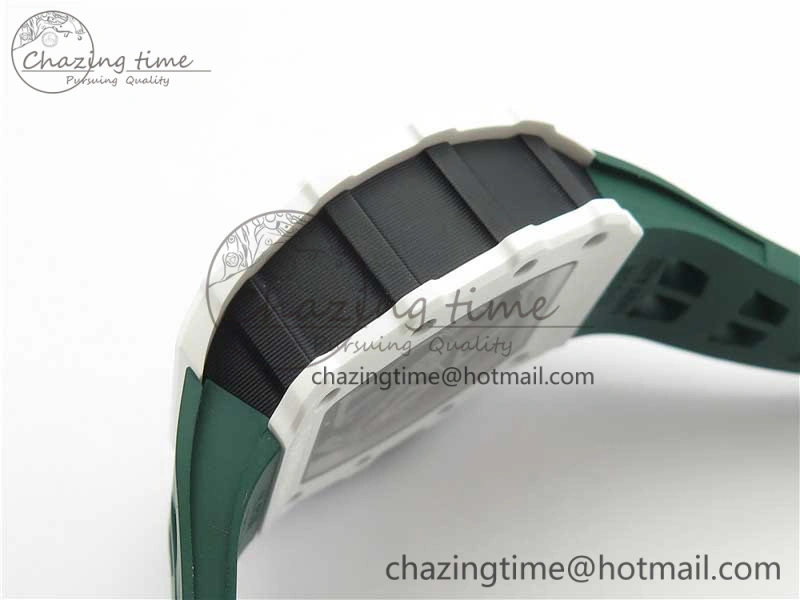 RM011 Real White Ceramic Chronograph KVF 1:1 Best Edition Crystal Skeleton Dial Green on Rubber Strap A7750