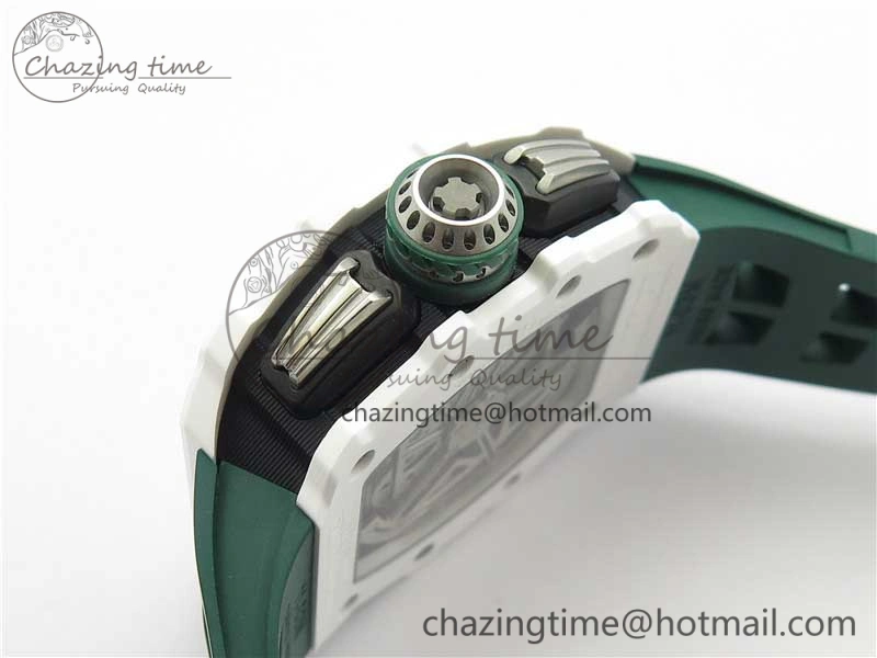 RM011 Real White Ceramic Chronograph KVF 1:1 Best Edition Crystal Skeleton Dial Green on Rubber Strap A7750