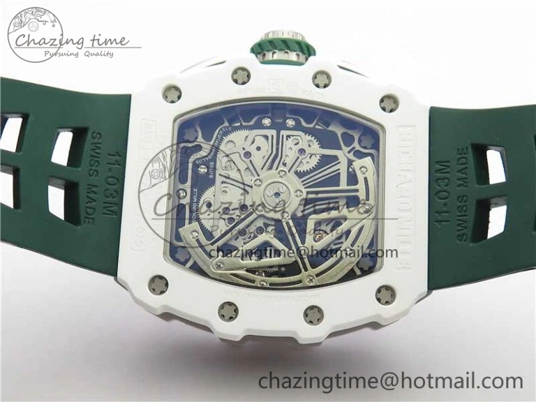 RM011 Real White Ceramic Chronograph KVF 1:1 Best Edition Crystal Skeleton Dial Green on Rubber Strap A7750