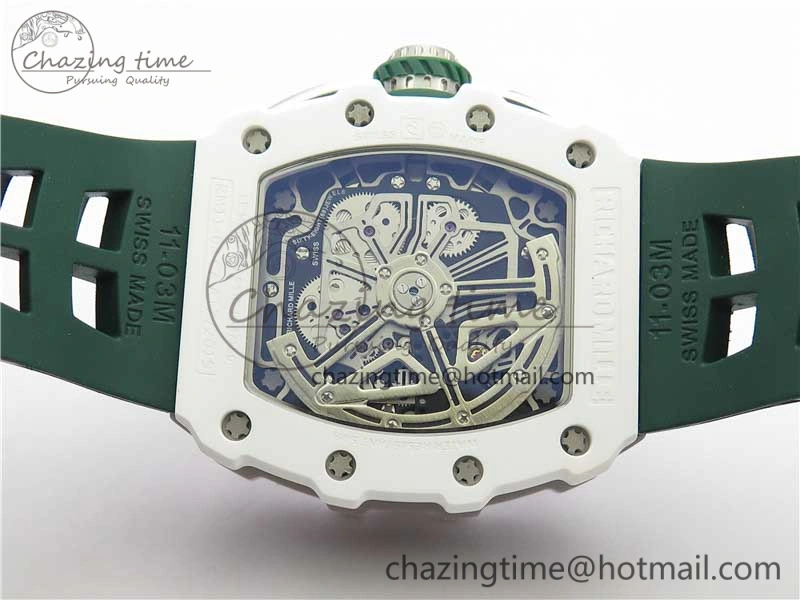 RM011 Real White Ceramic Chronograph KVF 1:1 Best Edition Crystal Skeleton Dial Green on Rubber Strap A7750