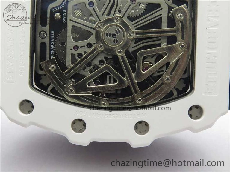 RM011 Real White Ceramic Chronograph KVF 1:1 Best Edition Crystal Skeleton Dial Green on Rubber Strap A7750