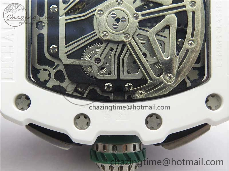 RM011 Real White Ceramic Chronograph KVF 1:1 Best Edition Crystal Skeleton Dial Green on Rubber Strap A7750