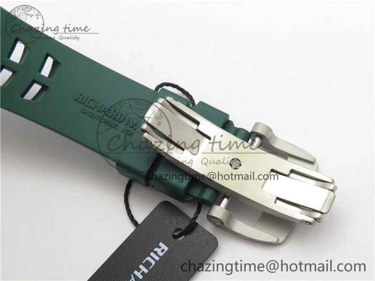 RM011 Real White Ceramic Chronograph KVF 1:1 Best Edition Crystal Skeleton Dial Green on Rubber Strap A7750
