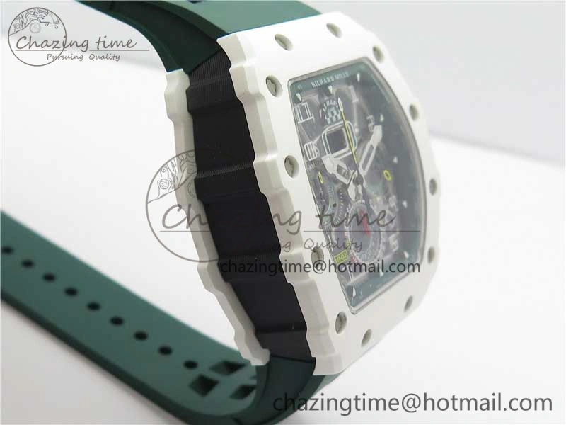 RM011 Real White Ceramic Chronograph KVF 1:1 Best Edition Crystal Skeleton Dial Green on Rubber Strap A7750