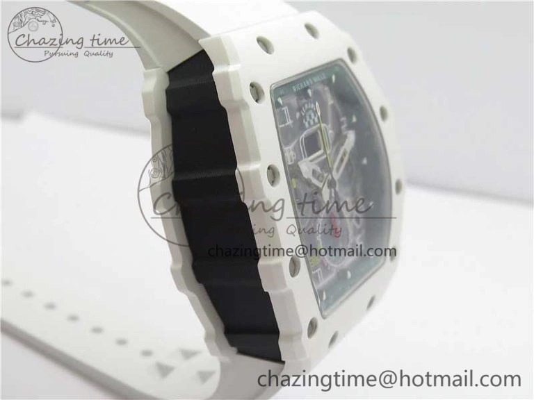 RM011 Real White Ceramic Chronograph KVF 1:1 Best Edition Crystal Skeleton Dial Green on Rubber Strap A7750