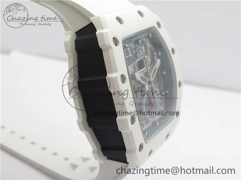 RM011 Real White Ceramic Chronograph KVF 1:1 Best Edition Crystal Skeleton Dial Green on Rubber Strap A7750